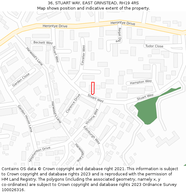 36, STUART WAY, EAST GRINSTEAD, RH19 4RS: Location map and indicative extent of plot