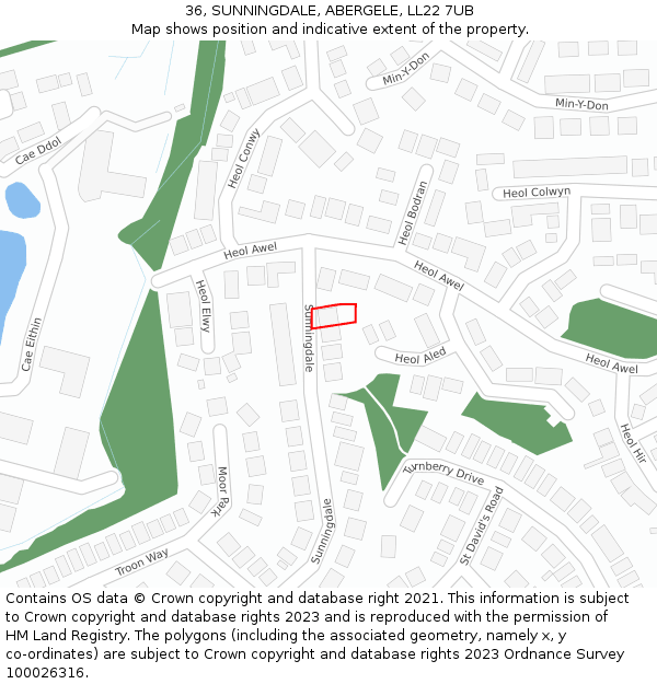 36, SUNNINGDALE, ABERGELE, LL22 7UB: Location map and indicative extent of plot