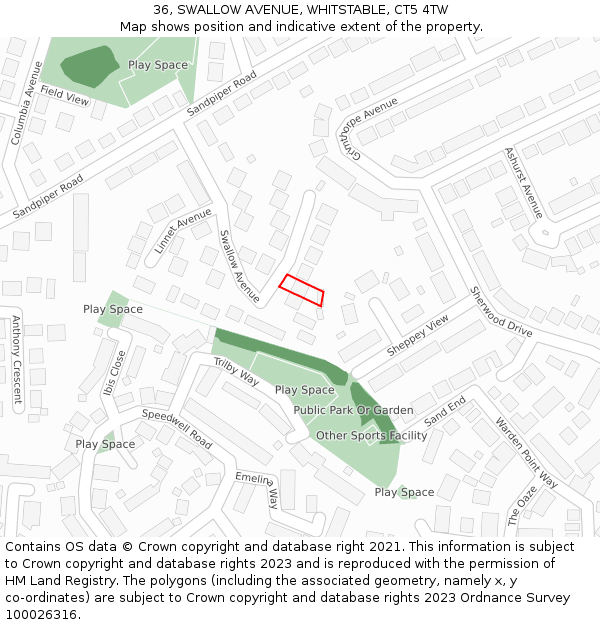 36, SWALLOW AVENUE, WHITSTABLE, CT5 4TW: Location map and indicative extent of plot