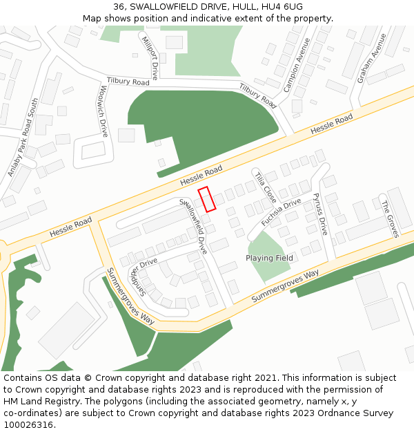 36, SWALLOWFIELD DRIVE, HULL, HU4 6UG: Location map and indicative extent of plot