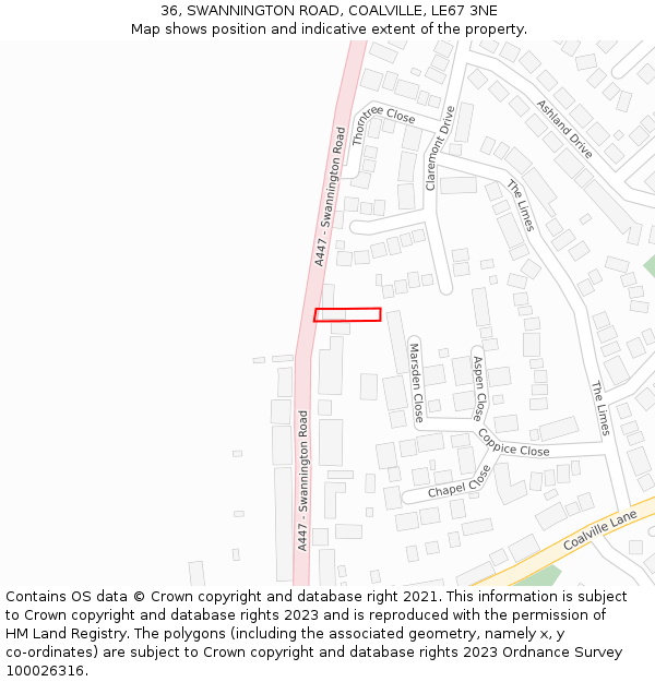 36, SWANNINGTON ROAD, COALVILLE, LE67 3NE: Location map and indicative extent of plot
