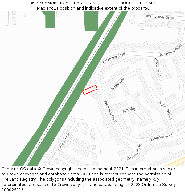 36, SYCAMORE ROAD, EAST LEAKE, LOUGHBOROUGH, LE12 6PS: Location map and indicative extent of plot