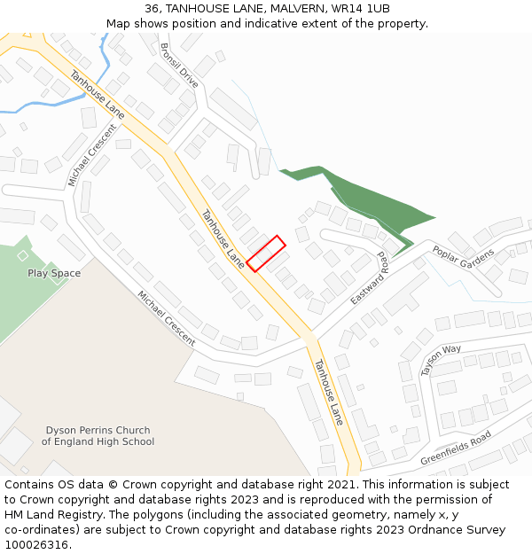 36, TANHOUSE LANE, MALVERN, WR14 1UB: Location map and indicative extent of plot