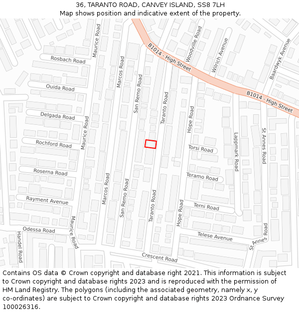 36, TARANTO ROAD, CANVEY ISLAND, SS8 7LH: Location map and indicative extent of plot