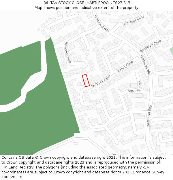 36, TAVISTOCK CLOSE, HARTLEPOOL, TS27 3LB: Location map and indicative extent of plot