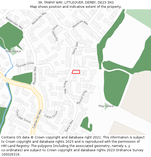 36, TAWNY WAY, LITTLEOVER, DERBY, DE23 3XG: Location map and indicative extent of plot