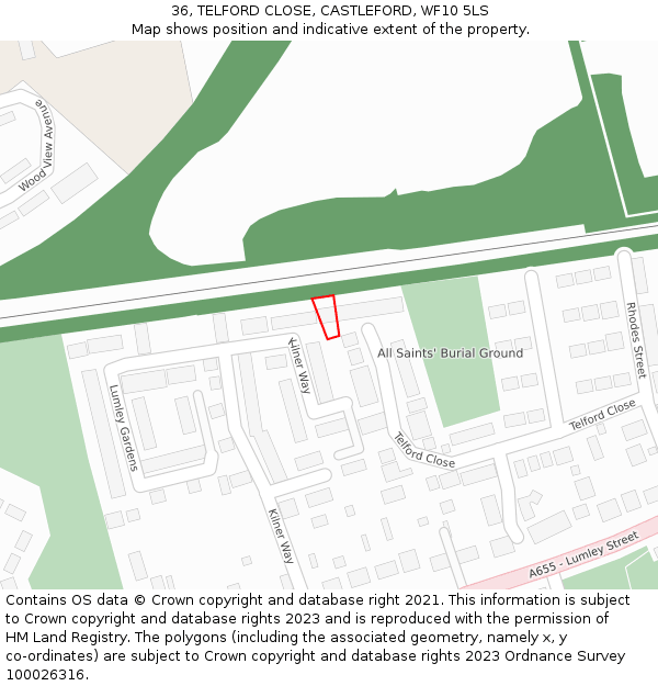 36, TELFORD CLOSE, CASTLEFORD, WF10 5LS: Location map and indicative extent of plot