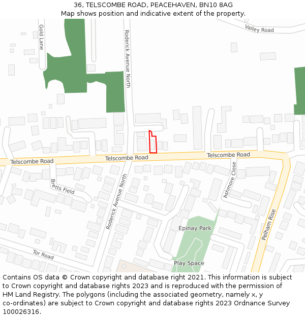 36, TELSCOMBE ROAD, PEACEHAVEN, BN10 8AG: Location map and indicative extent of plot