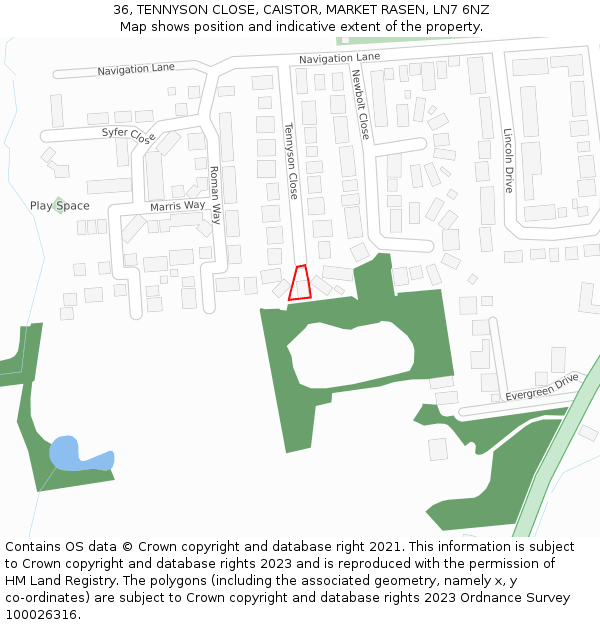36, TENNYSON CLOSE, CAISTOR, MARKET RASEN, LN7 6NZ: Location map and indicative extent of plot