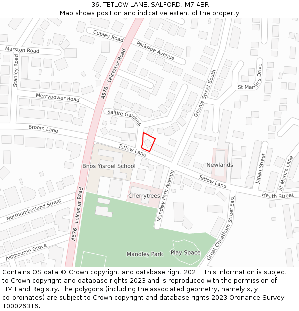 36, TETLOW LANE, SALFORD, M7 4BR: Location map and indicative extent of plot