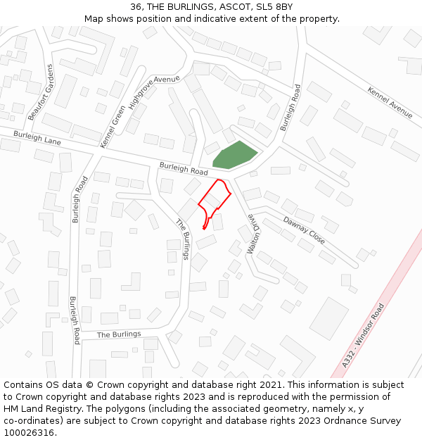 36, THE BURLINGS, ASCOT, SL5 8BY: Location map and indicative extent of plot