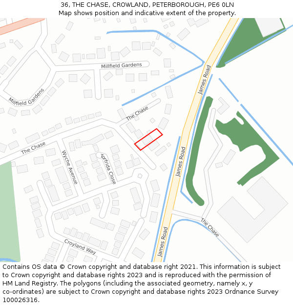 36, THE CHASE, CROWLAND, PETERBOROUGH, PE6 0LN: Location map and indicative extent of plot