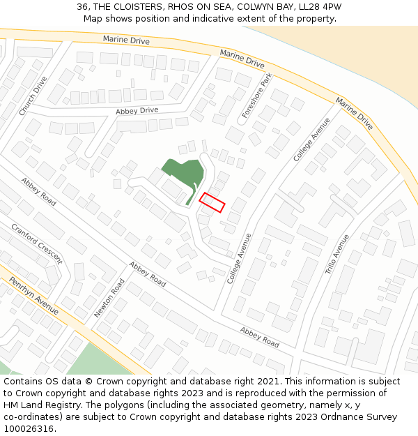 36, THE CLOISTERS, RHOS ON SEA, COLWYN BAY, LL28 4PW: Location map and indicative extent of plot