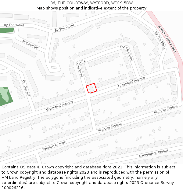 36, THE COURTWAY, WATFORD, WD19 5DW: Location map and indicative extent of plot