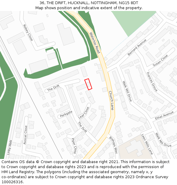36, THE DRIFT, HUCKNALL, NOTTINGHAM, NG15 8DT: Location map and indicative extent of plot