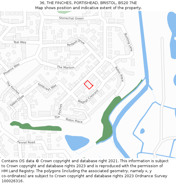 36, THE FINCHES, PORTISHEAD, BRISTOL, BS20 7NE: Location map and indicative extent of plot