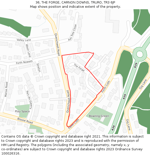 36, THE FORGE, CARNON DOWNS, TRURO, TR3 6JP: Location map and indicative extent of plot