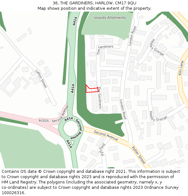 36, THE GARDINERS, HARLOW, CM17 9QU: Location map and indicative extent of plot