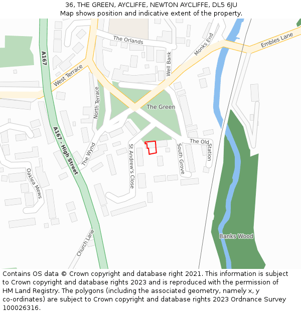 36, THE GREEN, AYCLIFFE, NEWTON AYCLIFFE, DL5 6JU: Location map and indicative extent of plot