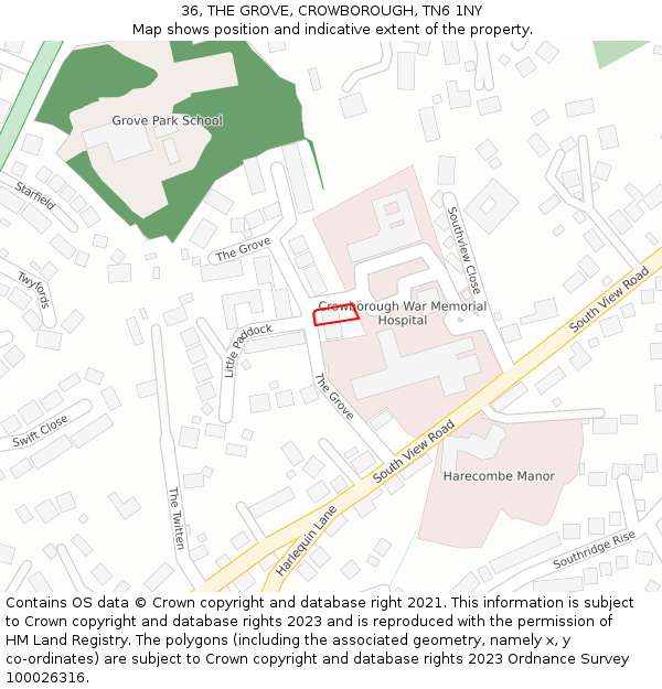 36, THE GROVE, CROWBOROUGH, TN6 1NY: Location map and indicative extent of plot