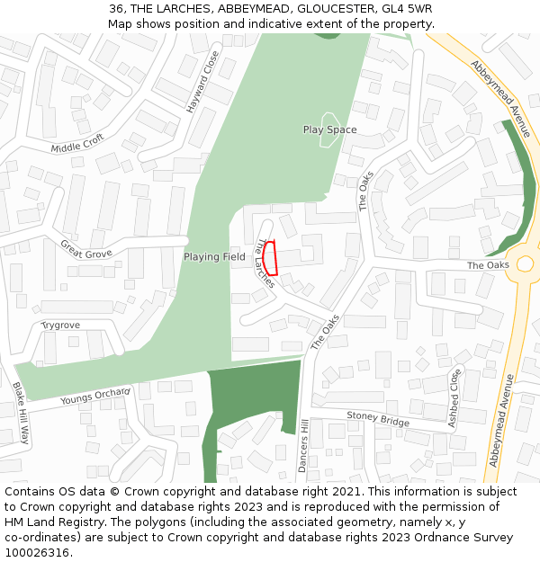 36, THE LARCHES, ABBEYMEAD, GLOUCESTER, GL4 5WR: Location map and indicative extent of plot