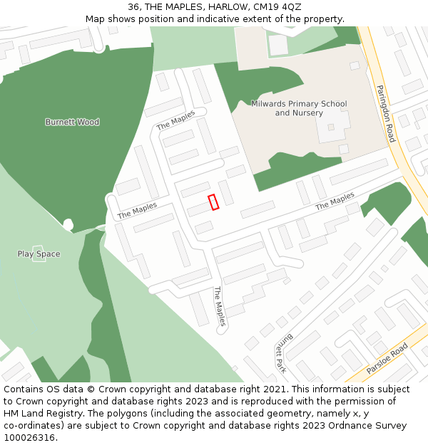 36, THE MAPLES, HARLOW, CM19 4QZ: Location map and indicative extent of plot