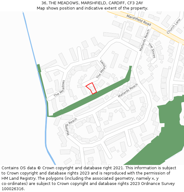 36, THE MEADOWS, MARSHFIELD, CARDIFF, CF3 2AY: Location map and indicative extent of plot