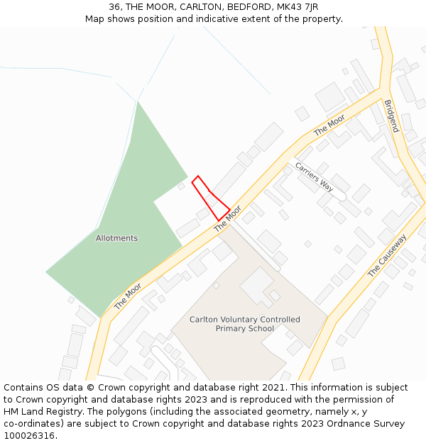 36, THE MOOR, CARLTON, BEDFORD, MK43 7JR: Location map and indicative extent of plot