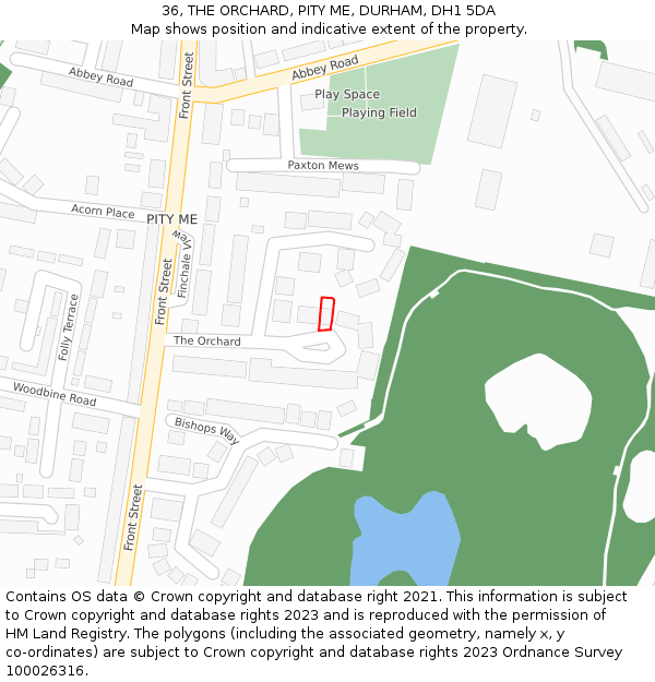 36, THE ORCHARD, PITY ME, DURHAM, DH1 5DA: Location map and indicative extent of plot