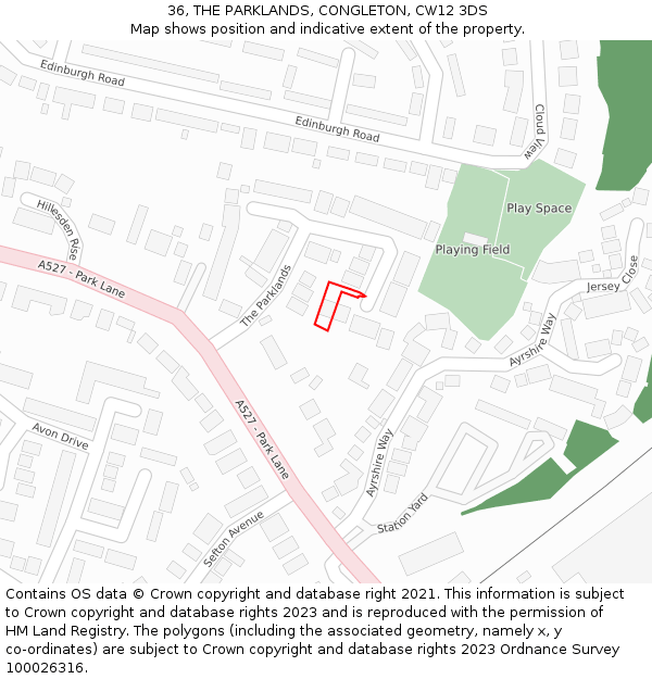 36, THE PARKLANDS, CONGLETON, CW12 3DS: Location map and indicative extent of plot