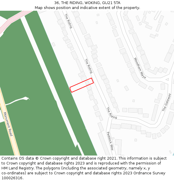 36, THE RIDING, WOKING, GU21 5TA: Location map and indicative extent of plot