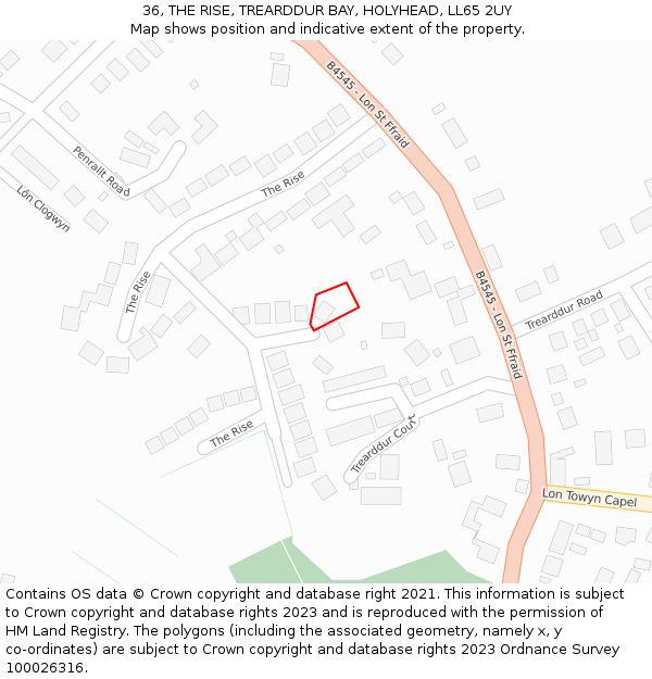 36, THE RISE, TREARDDUR BAY, HOLYHEAD, LL65 2UY: Location map and indicative extent of plot