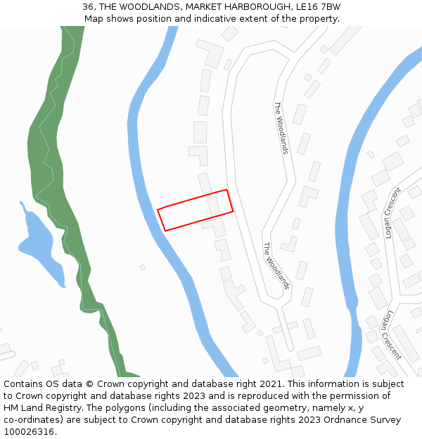 36, THE WOODLANDS, MARKET HARBOROUGH, LE16 7BW: Location map and indicative extent of plot