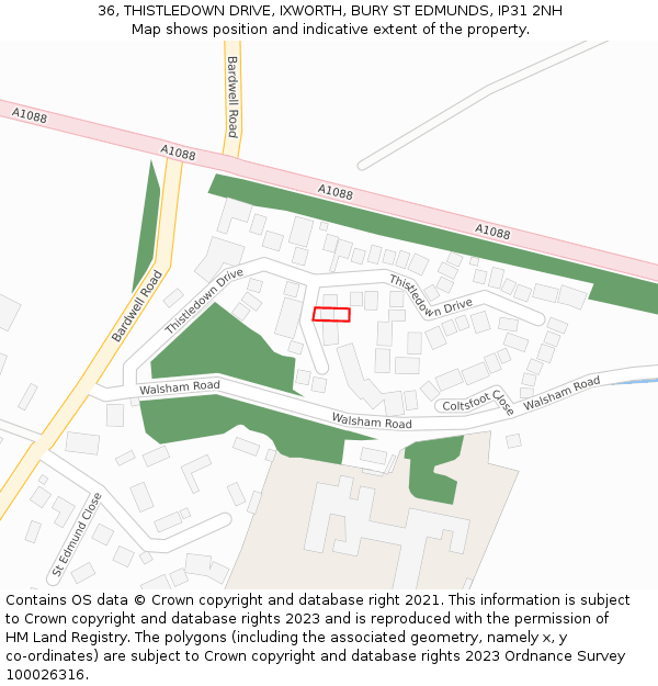 36, THISTLEDOWN DRIVE, IXWORTH, BURY ST EDMUNDS, IP31 2NH: Location map and indicative extent of plot