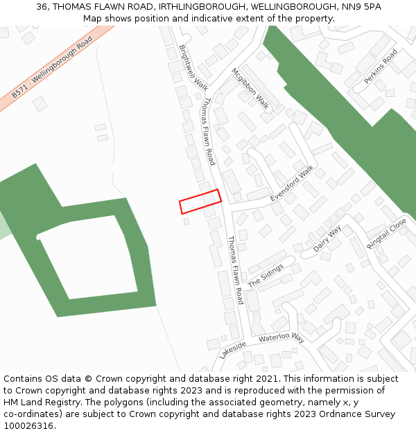 36, THOMAS FLAWN ROAD, IRTHLINGBOROUGH, WELLINGBOROUGH, NN9 5PA: Location map and indicative extent of plot