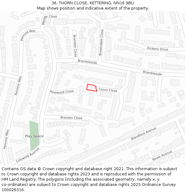 36, THORN CLOSE, KETTERING, NN16 9BU: Location map and indicative extent of plot