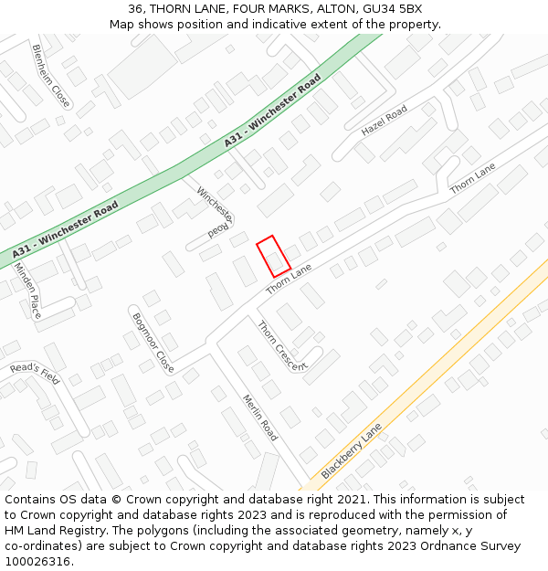 36, THORN LANE, FOUR MARKS, ALTON, GU34 5BX: Location map and indicative extent of plot