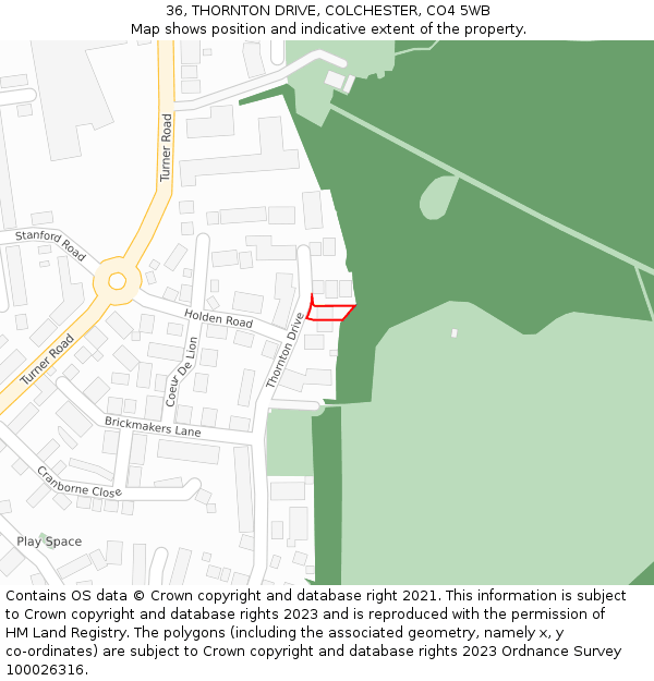 36, THORNTON DRIVE, COLCHESTER, CO4 5WB: Location map and indicative extent of plot