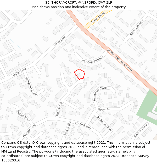 36, THORNYCROFT, WINSFORD, CW7 2LR: Location map and indicative extent of plot