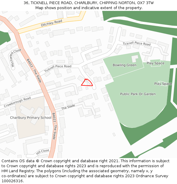 36, TICKNELL PIECE ROAD, CHARLBURY, CHIPPING NORTON, OX7 3TW: Location map and indicative extent of plot