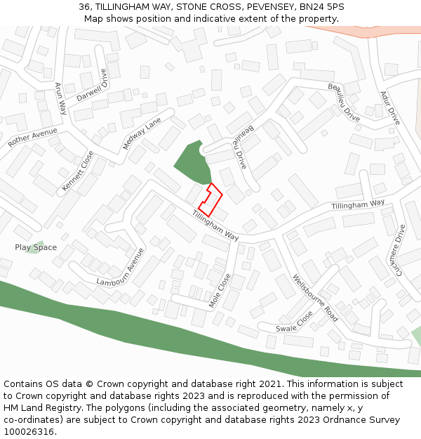 36, TILLINGHAM WAY, STONE CROSS, PEVENSEY, BN24 5PS: Location map and indicative extent of plot