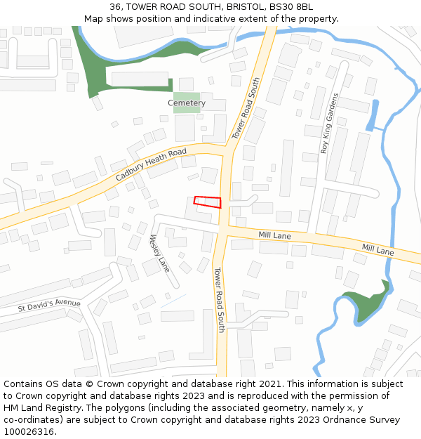 36, TOWER ROAD SOUTH, BRISTOL, BS30 8BL: Location map and indicative extent of plot