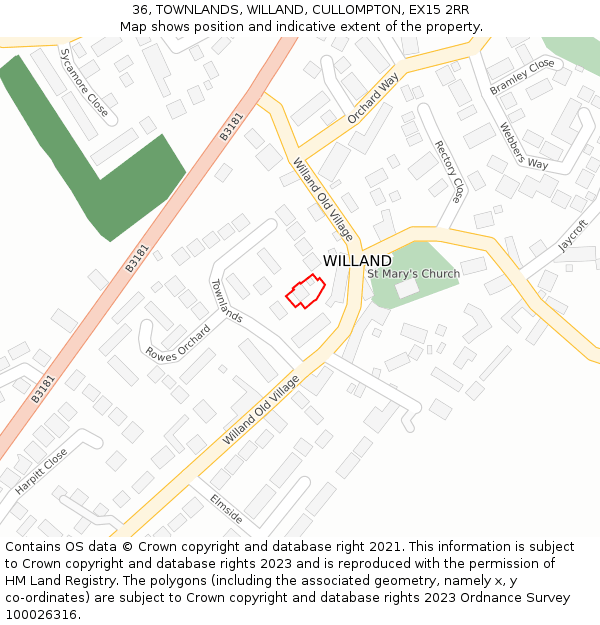 36, TOWNLANDS, WILLAND, CULLOMPTON, EX15 2RR: Location map and indicative extent of plot