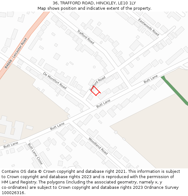 36, TRAFFORD ROAD, HINCKLEY, LE10 1LY: Location map and indicative extent of plot