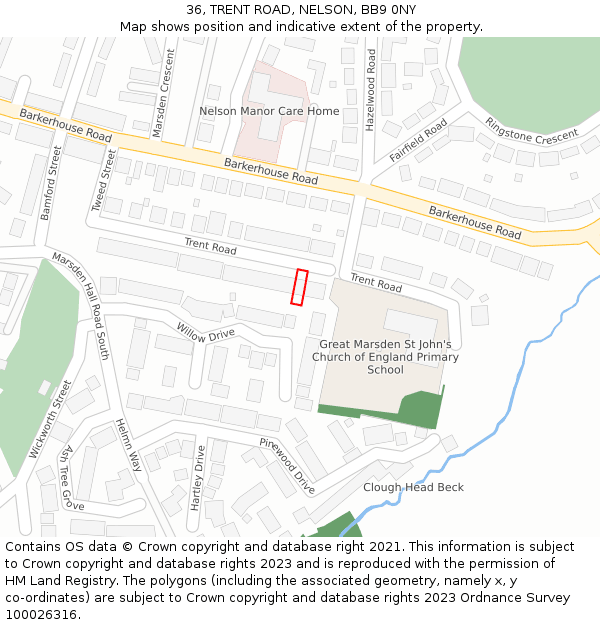 36, TRENT ROAD, NELSON, BB9 0NY: Location map and indicative extent of plot