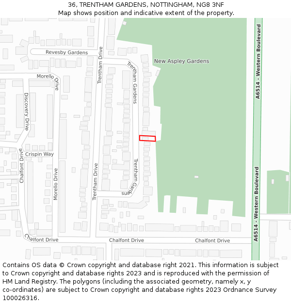 36, TRENTHAM GARDENS, NOTTINGHAM, NG8 3NF: Location map and indicative extent of plot
