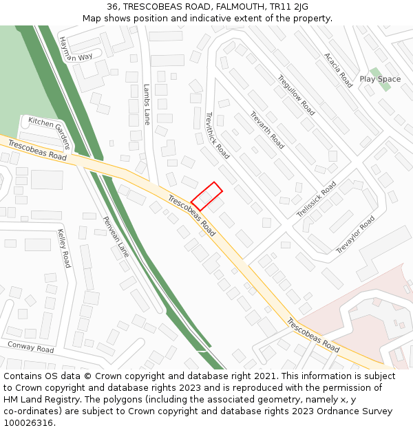 36, TRESCOBEAS ROAD, FALMOUTH, TR11 2JG: Location map and indicative extent of plot