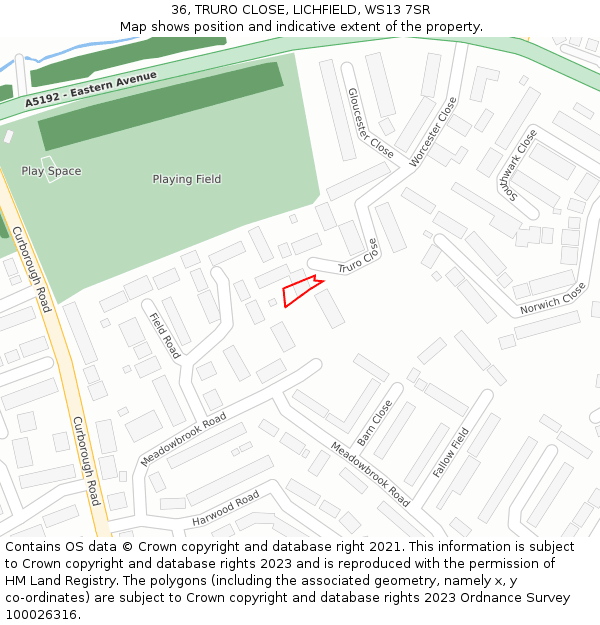 36, TRURO CLOSE, LICHFIELD, WS13 7SR: Location map and indicative extent of plot