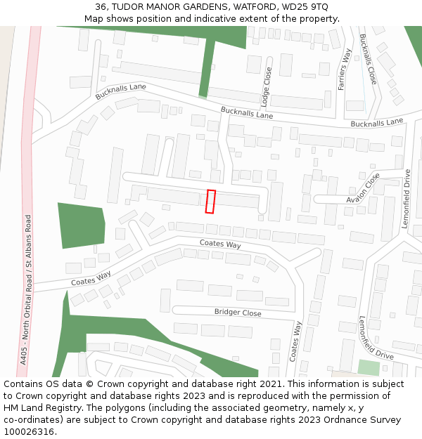 36, TUDOR MANOR GARDENS, WATFORD, WD25 9TQ: Location map and indicative extent of plot