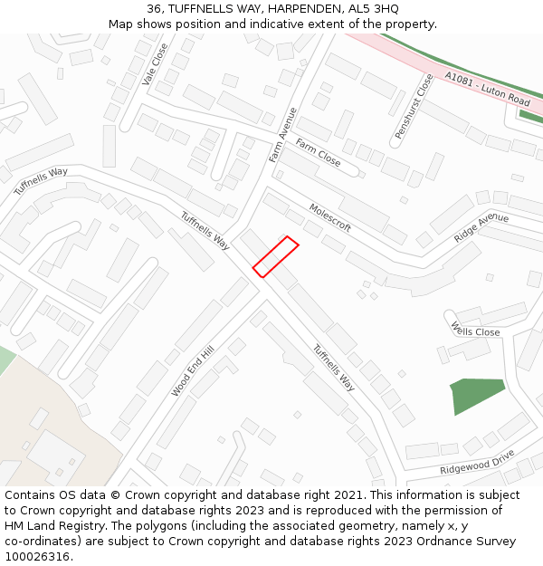 36, TUFFNELLS WAY, HARPENDEN, AL5 3HQ: Location map and indicative extent of plot